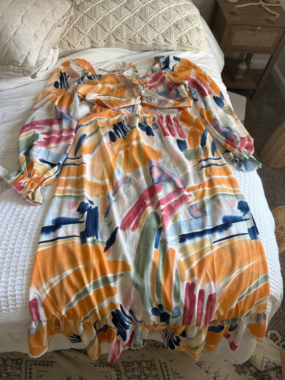 Colorful Abstract Print Midi Dress in Mustard, Navy, Pink